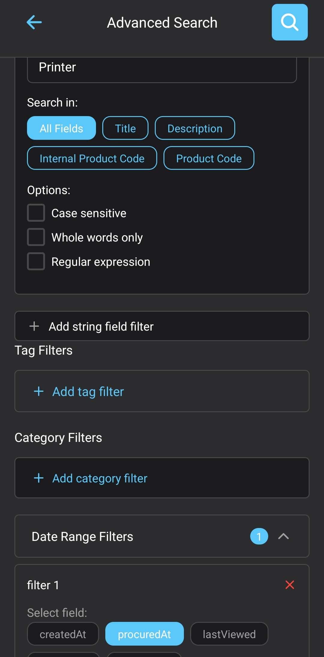 Advanced search screen in the Containd app with filter options