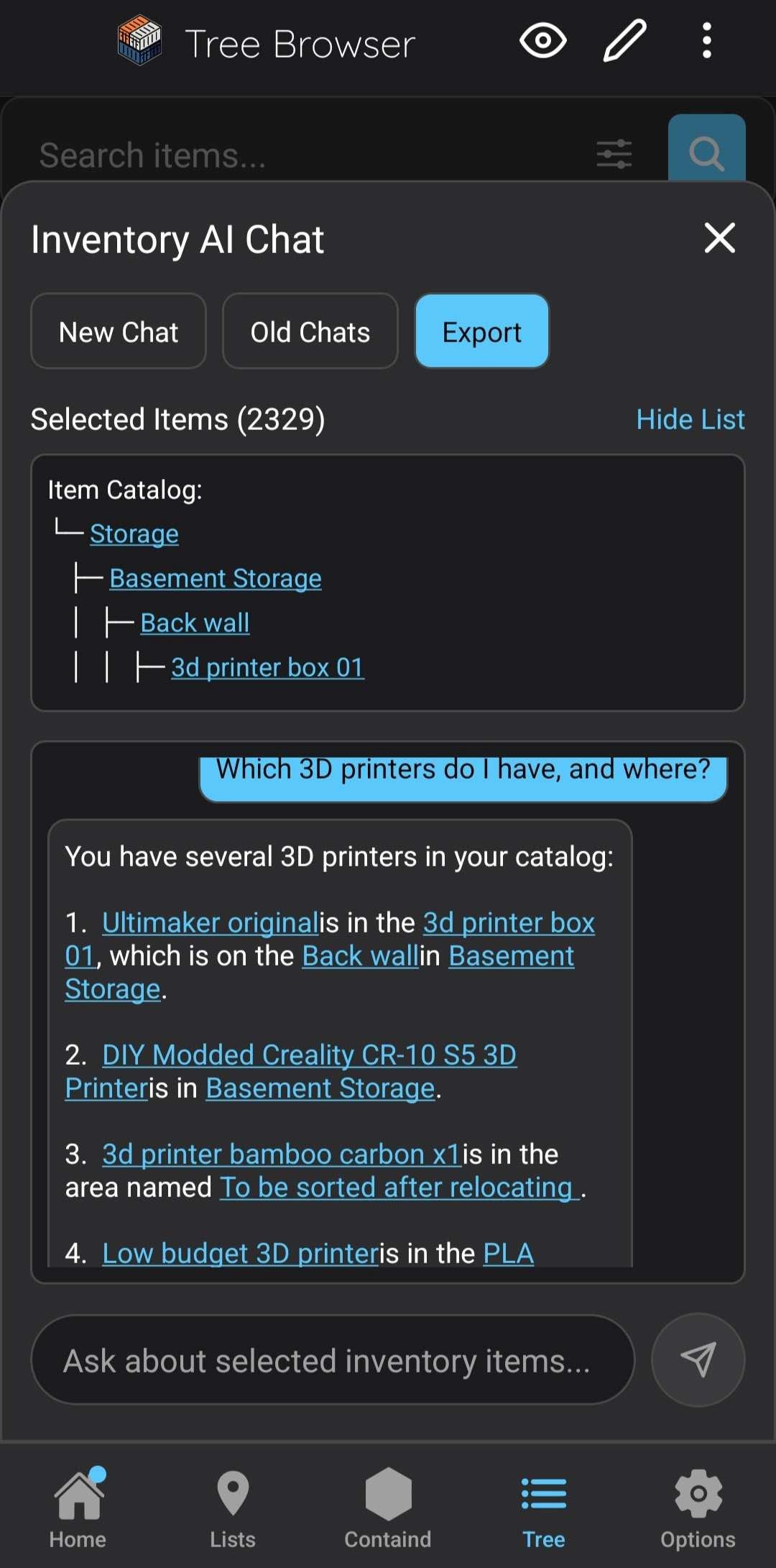 Containd AI chat answering an inventory question about a printer