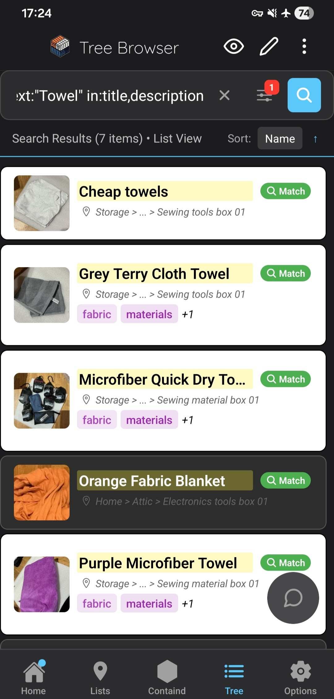 Searching for towels in Containd while in airplane mode, showing offline inventory access