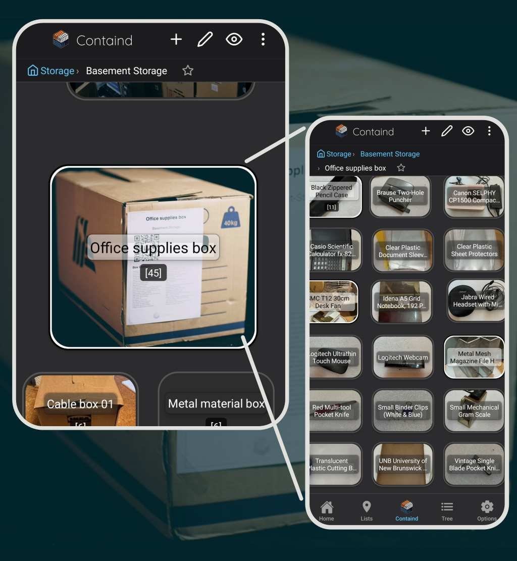 Storage boxes inventorized and organized visually in the Containd app