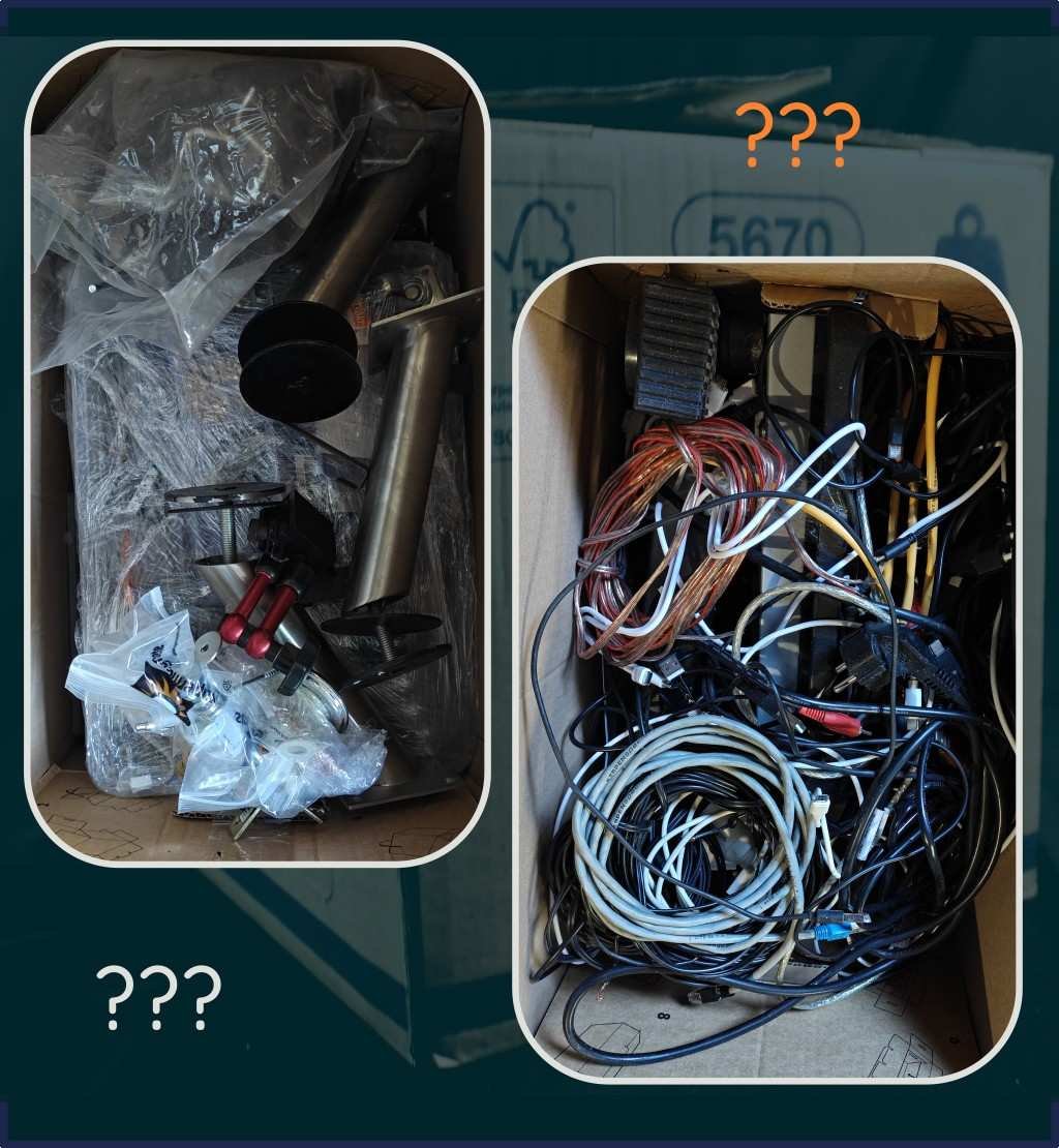 Two cluttered storage boxes with mixed unsorted contents
