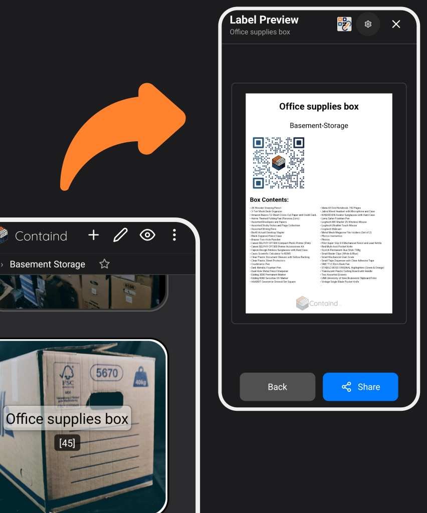 Containd app generating a QR code label for an inventorized storage box
