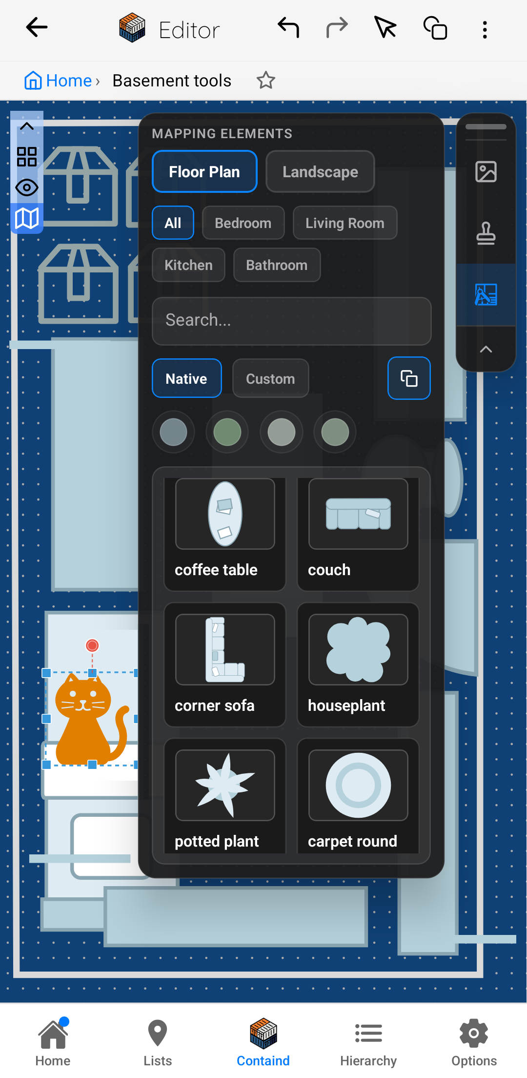 Containd auf einem Smartphone im Mapping Modus mit ge&ouml;ffnetem Men&uuml; f&uuml;r Mapping Elemente und sichtbarem Grundriss im Hintergrund