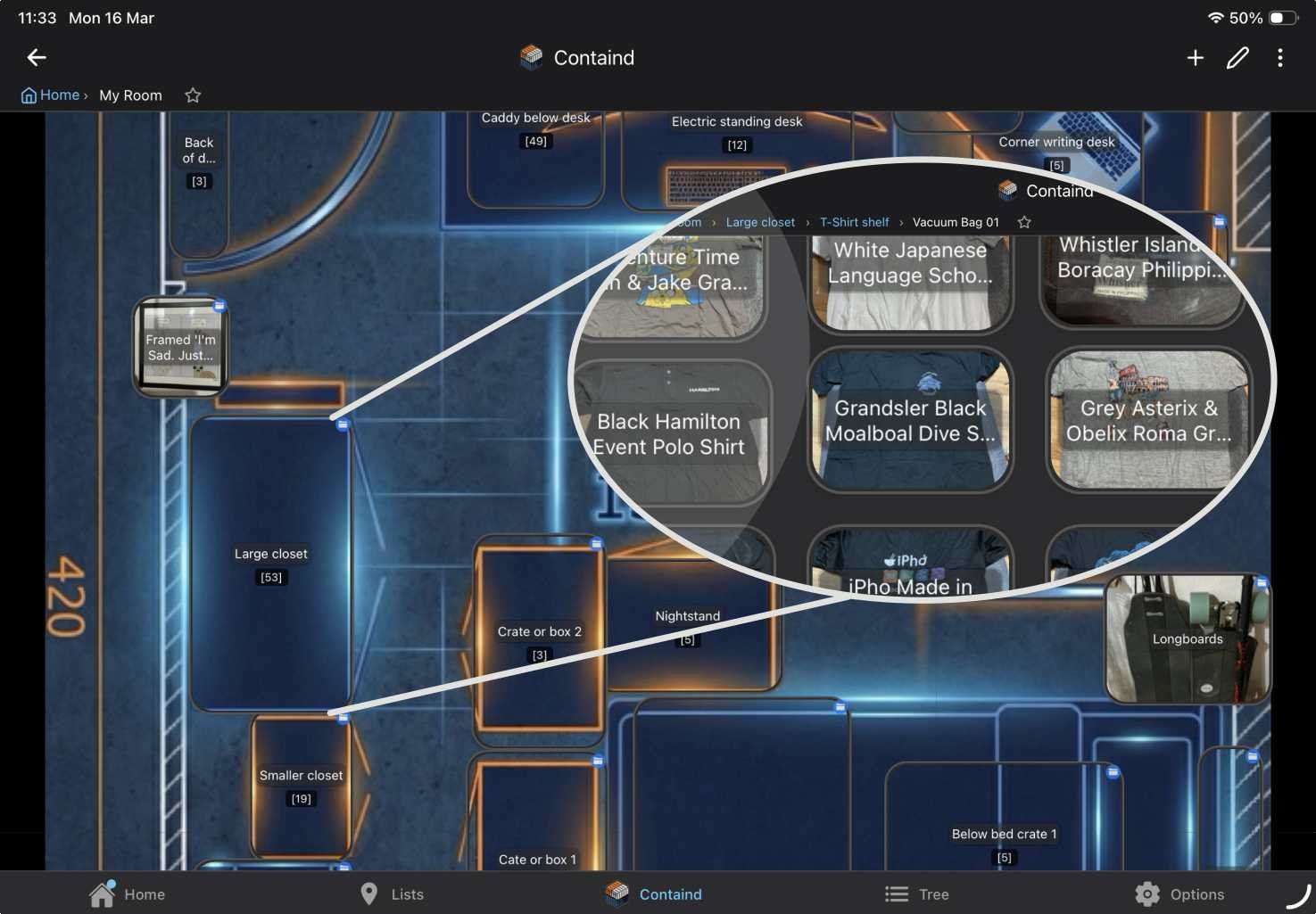 Containd canvas using a room blueprint as background, with furniture as containers and inventory items sorted inside