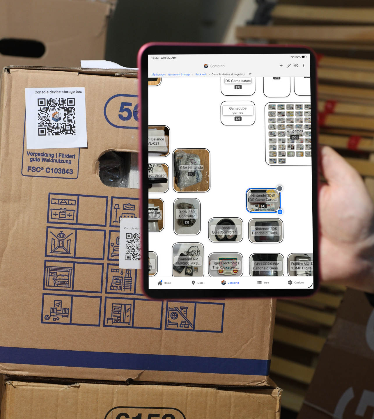 Console device storage box with a tablet showing the matching Containd canvas