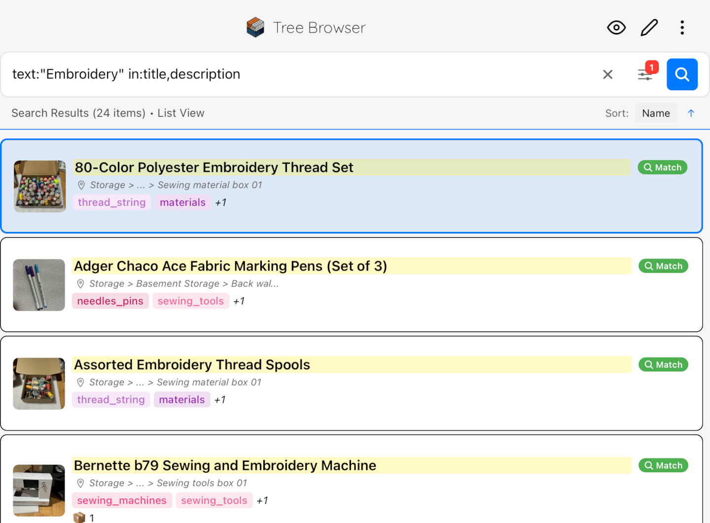Containd search results showing the found item and linked box