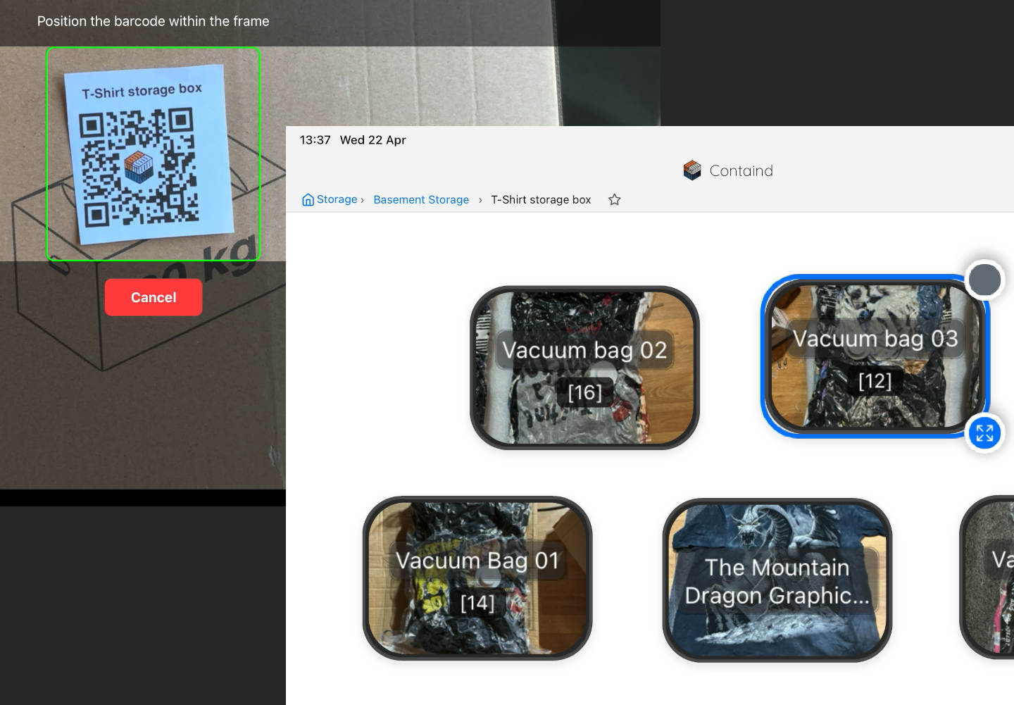 QR scan video title card showing a storage box scan opening the matching Containd canvas
