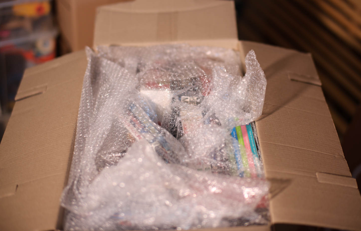 Top-down view into a densely packed storage box